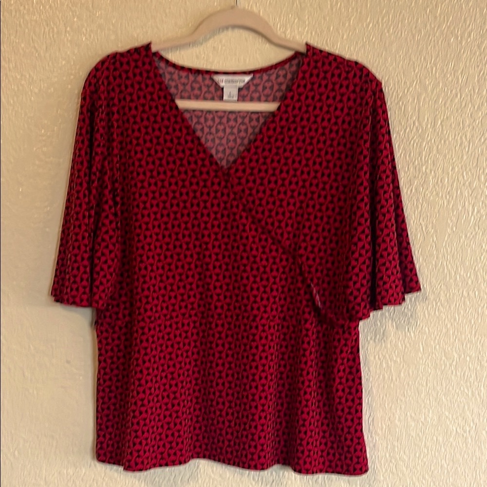 Liz Claiborne Red Black Faux Wrap Blouse Relaxed Fit